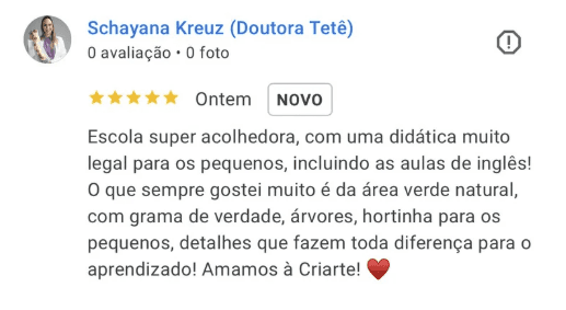 Depoimento de pais no Google — avaliação 2 de 6